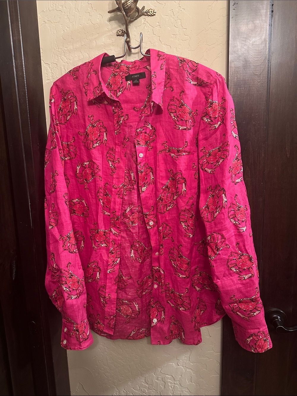 J Crew Bright Pink Crab-Print Linen Shirt